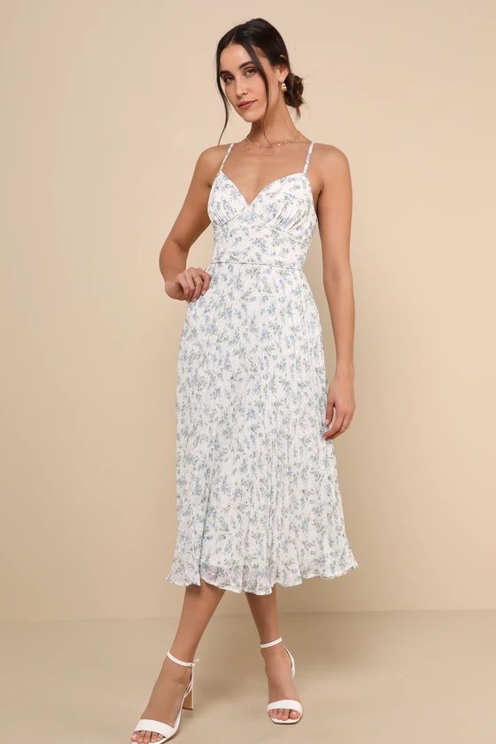 Darling Favorite White Floral Sleeveless Pleated Midi Dress | Lulus