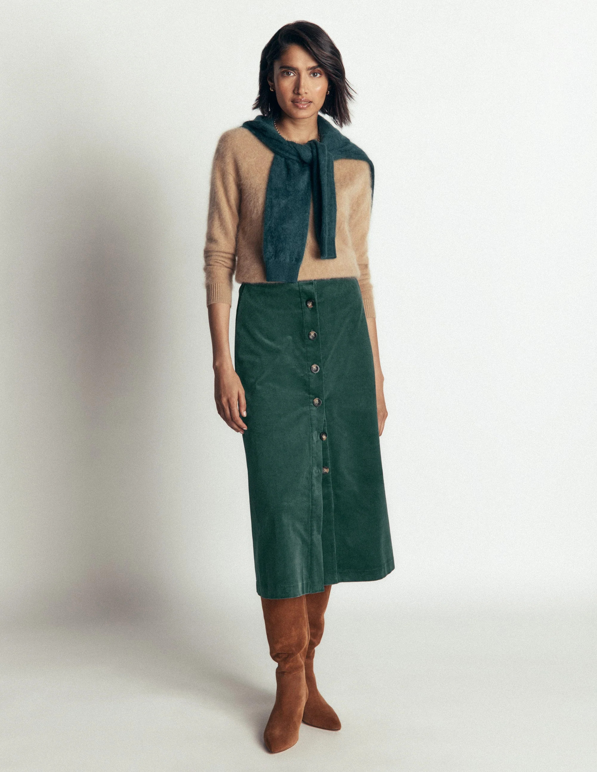 Val Button Cord Midi Skirt-Midnight Teal | Boden UK