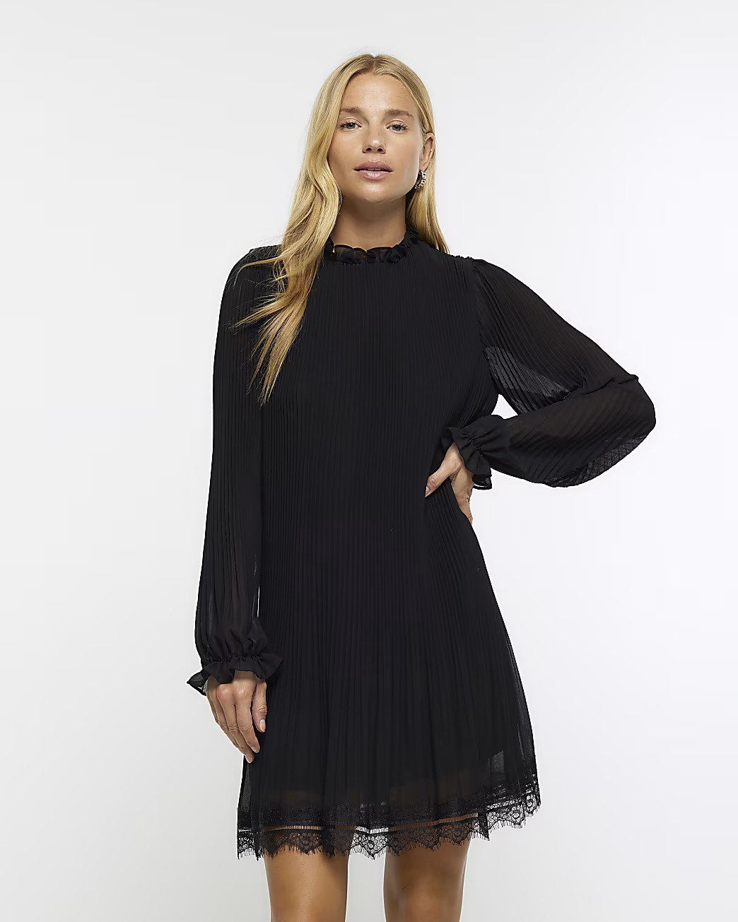 Black pleated lace trim shift mini dress | River Island (UK & IE)