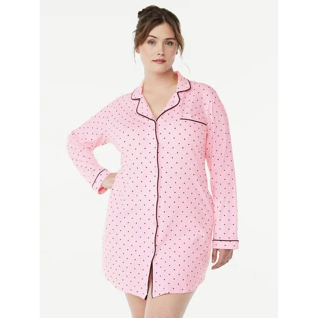 Joyspun Women’s Cotton Blend Long Sleeve Notch Collar Sleepshirt, Sizes S to 4X | Walmart (US)