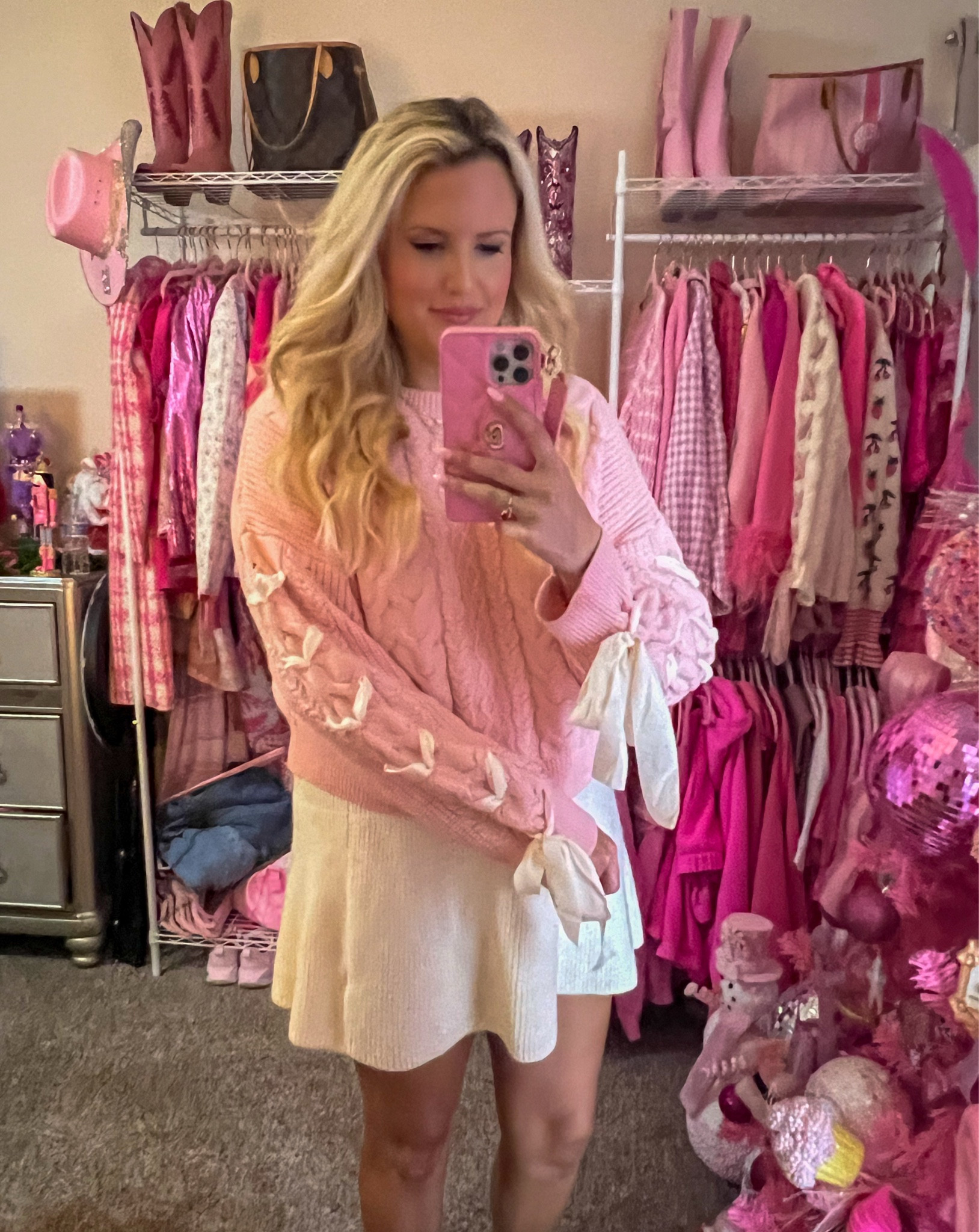 Ribbon bow sweater light pink BOGO! 
Cream sweater skirt 
Nude booties TTS 
Winter outfit
Pink aesthetic girly outfit
Preppy style
Valentine’s Day outfit 

#LTKSaleAlert #LTKHoliday #LTKStyleTip