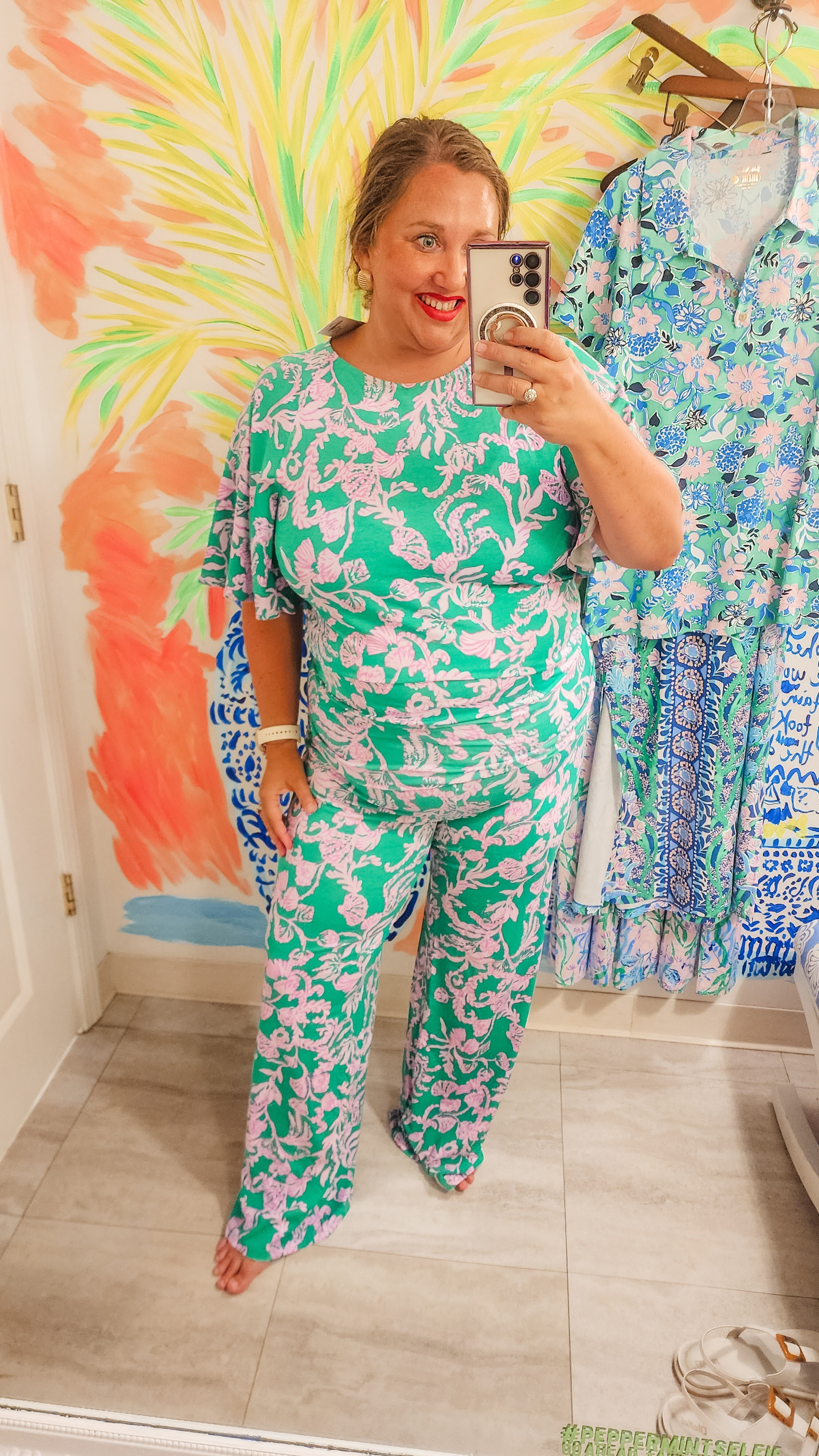 tried this set on in store this weekend. It's just like wearing Pjs. Would make a great travel outfit or just lounge. I would probably wear the pieces separate myself. This was a size L in both pieces and I would for sure need the XL #livinglargeinlilly #lillypulitzer #lillylovers #summerinlilly #lillytryons 

#LTKPlusSize #LTKTravel #LTKBacktoSchool