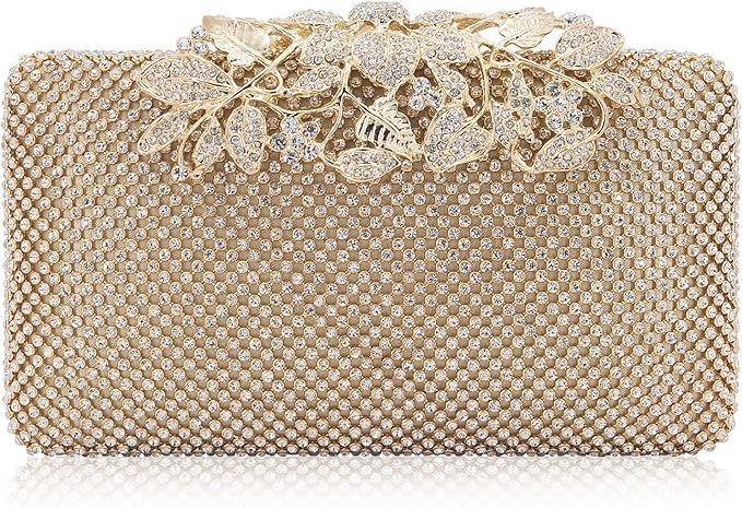 Womens Evening Bag with Flower Closure Rhinestone Crystal Clutch Purse for Wedding Party | Amazon (US)