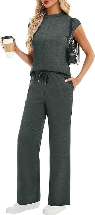 Casly Lamiit Two Piece Sets for Women Summer Mock Neck Cap Sleeve Top Wide Leg Pants Lounge Sets ... | Amazon (US)