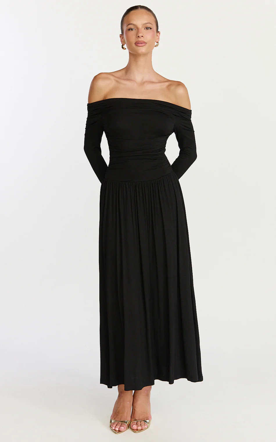 Off The Shoulder Long Sleeve Dress in Black | Showpo (ANZ)