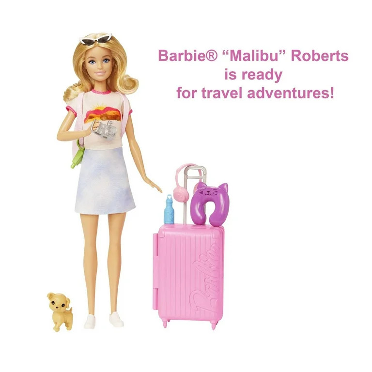 Barbie Doll and Accessories, 'Malibu' Travel Set with Puppy & Working Suitcase, 10+ Pieces | Walmart (US)