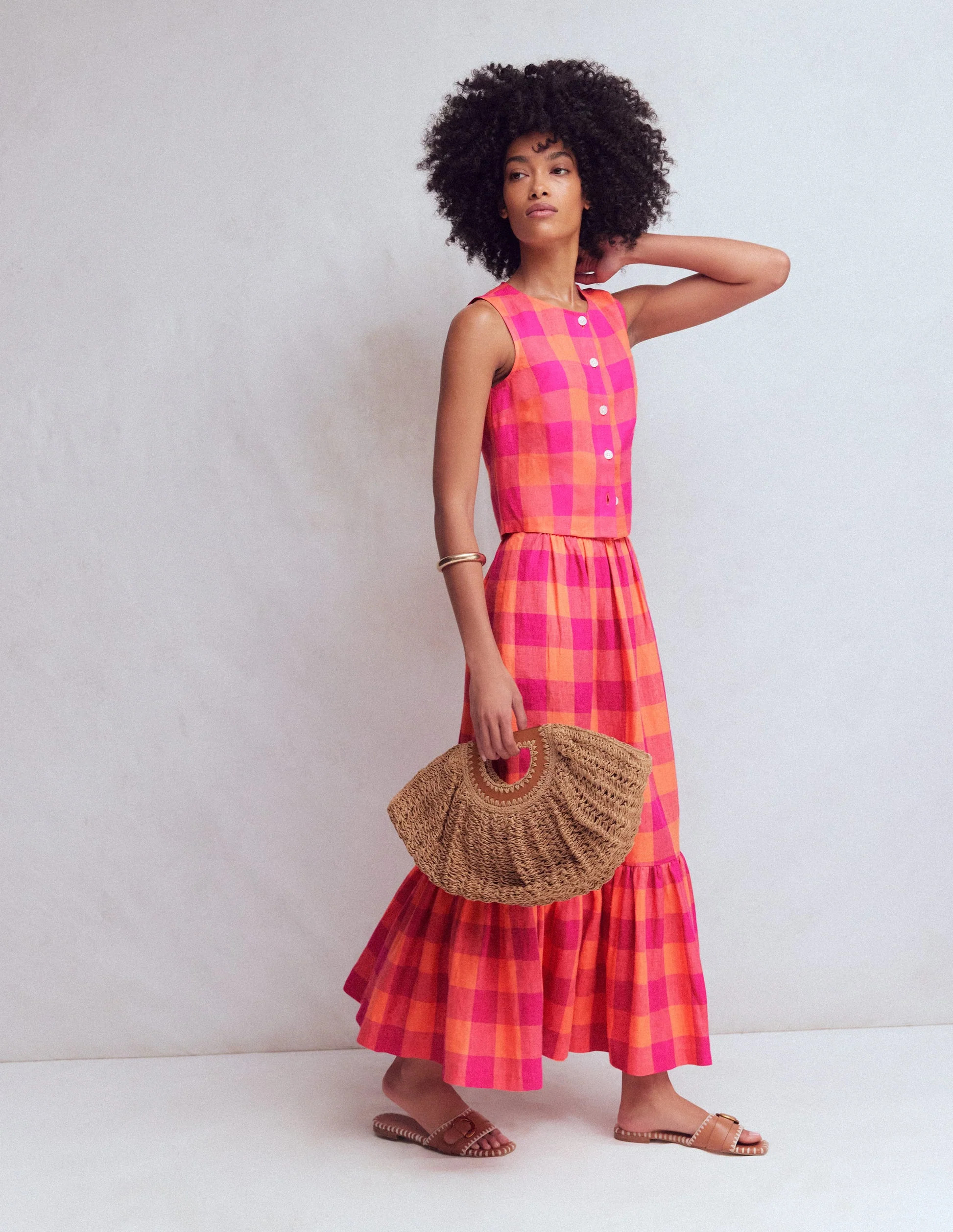 Andrea Linen Shell Top-Zesty Orange, Pink Gingham | Boden (US)