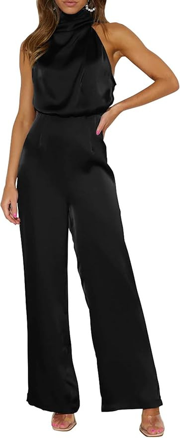 PRETTYGARDEN Women's Satin Jumpsuits 2023 Summer One Piece Outfits Mock Neck Sleeveless Wide Leg ... | Amazon (US)
