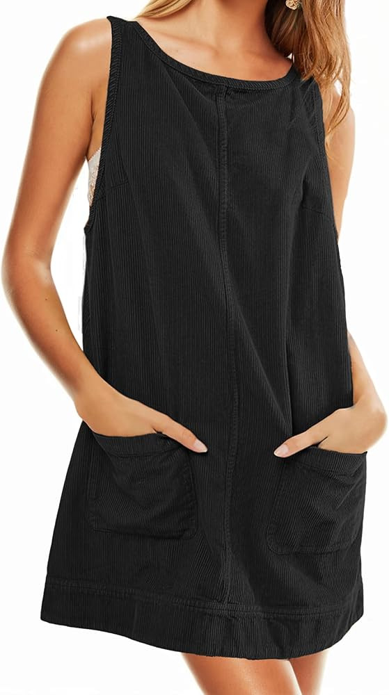 Womens Corduroy Overalls Dress Low Open Back Skirtall Jumper Mini Dress Pinafore with Pockets | Amazon (US)