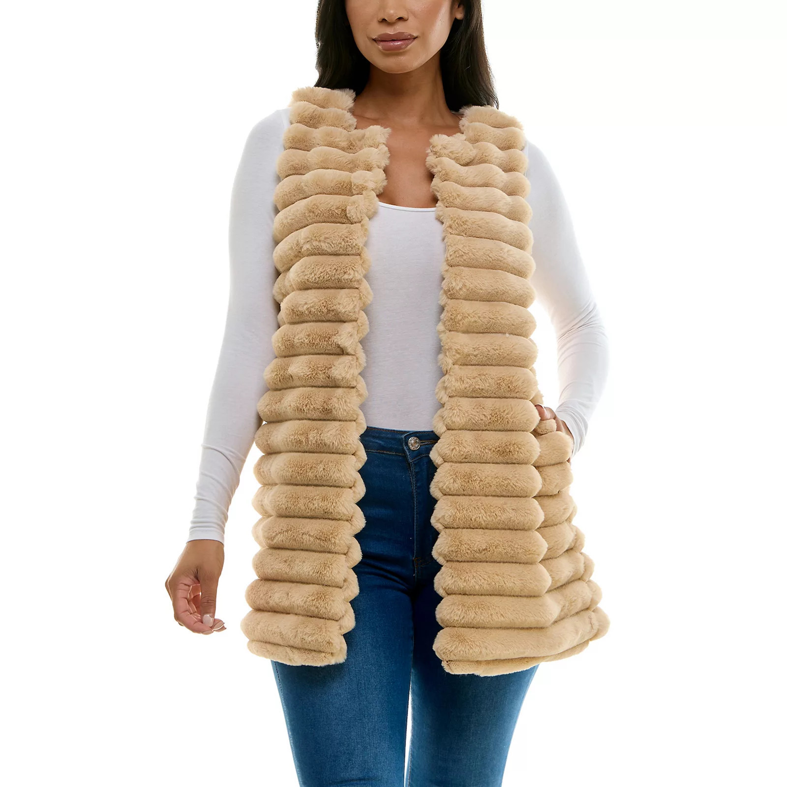 Women's Nina Leonard Stripe Faux Fur Vest, Size: Medium, Toffee | Kohl's