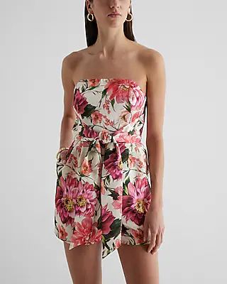 Satin Floral Strapless Tie Waist Romper | Express