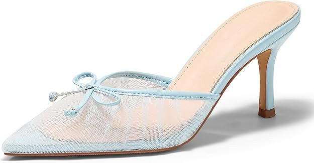 Coutgo Womens High Heels Mules Bow Closed Pointed Toe Pumps Pleated Slip On Dress Shoes | Amazon (US)