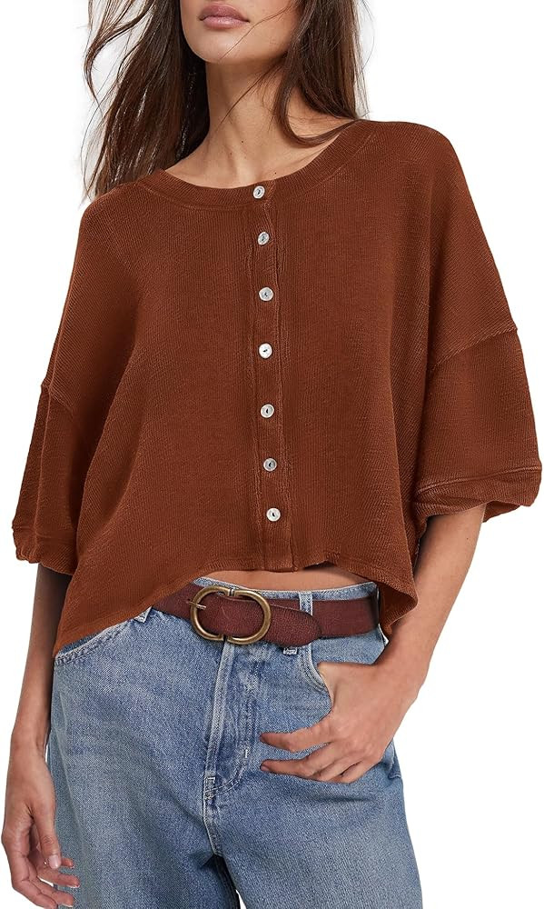 Yanekop Womens Cropped Cardigan Short Sleeve Cardigan Lightweight Oversized Cardigans Trendy Butt... | Amazon (US)