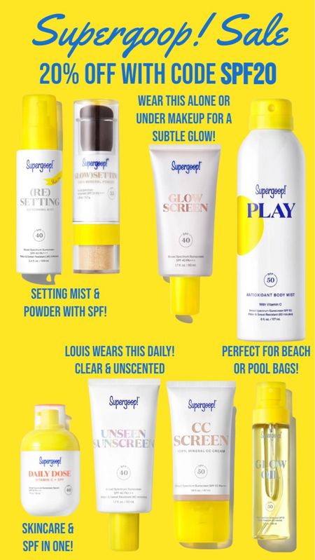 Big Supergoop sale going on right now! 20% off everything with code SPF20! The unseen sunscreen is definitely an amazing option for anyone! Unscented and clear, so it’s great for any skin ton. The Supergoop Play sunscreen is perfect to keep in your beach bag or pool bag. I love the setting mist or setting powder because they have built in SPF! Also, the glow screen can be worn alone or under makeup for a subtle glow! ///////////////////// best sunscreen under $20, sunscreen sale, beauty sale, beauty, LTK beauty, mist sunscreen, clean sunscreen, sunscreen for kids, mineral sunscreen, glow screen, glowy makeup, cc cream, setting powder with SPF, setting spray with SPF, vitamin c skincare, glow oil, summer outfit, summer essentials, summer must haves

#LTKkids #LTKbeauty #LTKswim