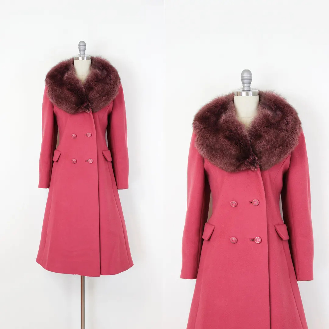 vintage 1960s coat / 1960s fur collar coat / fox fur collar coat / raspberry pink red wool coat /... | Etsy (US)