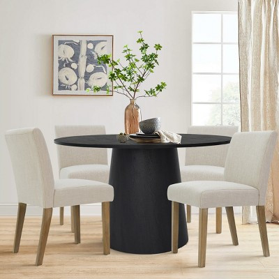 5-Piece Wood Dining Set for 4,Black Round Dining Table with 4 Beige Linen Upholstered Side Dining Chairs,Dining Room Kitchen-Panipeachy | Target