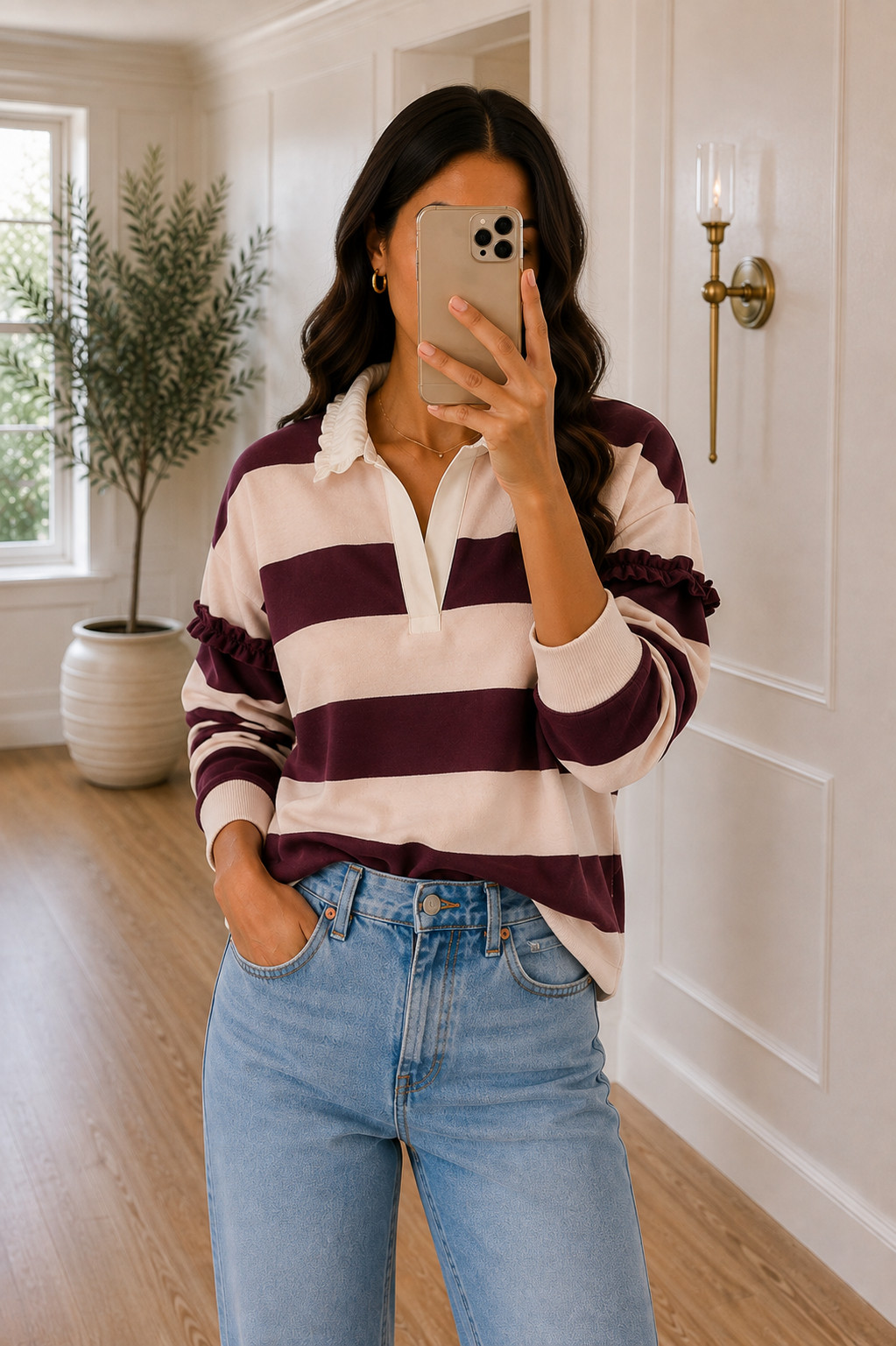 Loving the fall rugby trend! 🤍🍂 This ruffle collar gives this classic style the prettiest feminine twist. I linked this top plus a few other adorable rugby tops and dresses I found at LOFT that are perfect for the season! 🤎 #LTKStyle #LTKFall #LOFTStyle #FallFashion #RugbyTrend 

 #LTKSeasonal #LTKMidsize