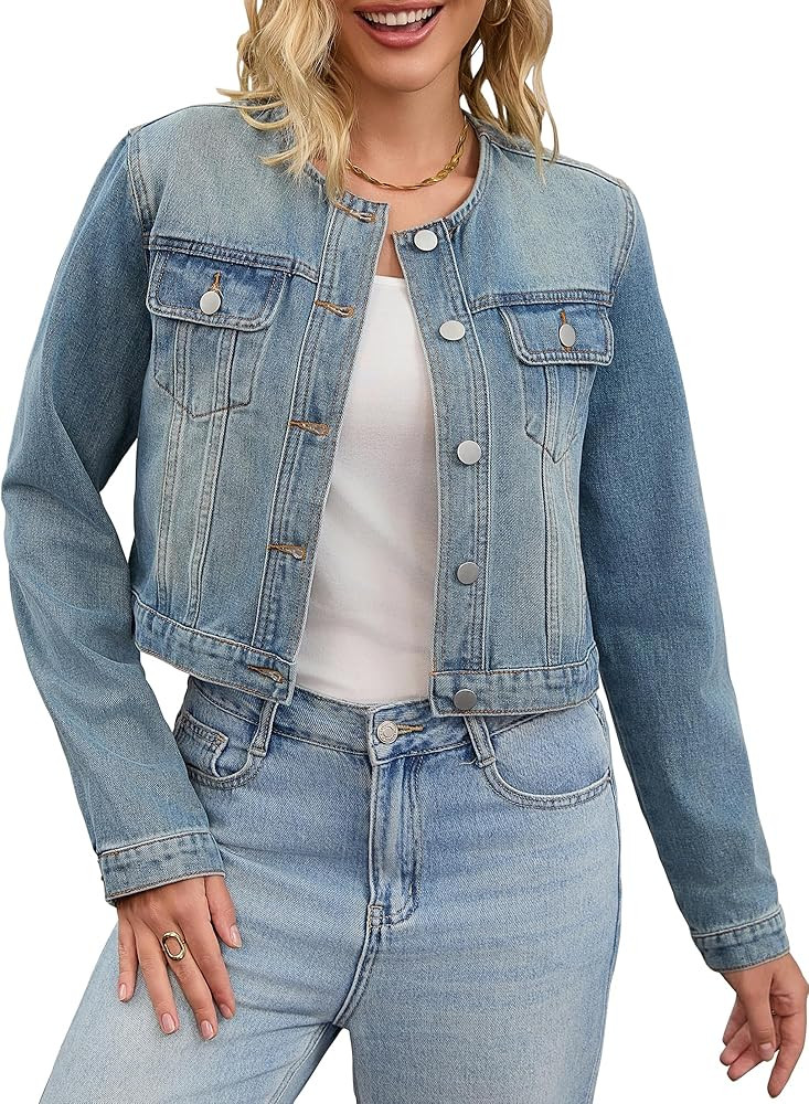 Women's Denim Jacket Collarless Button Down 2025 Western Long Sleeve Jean Jackets | Amazon (US)