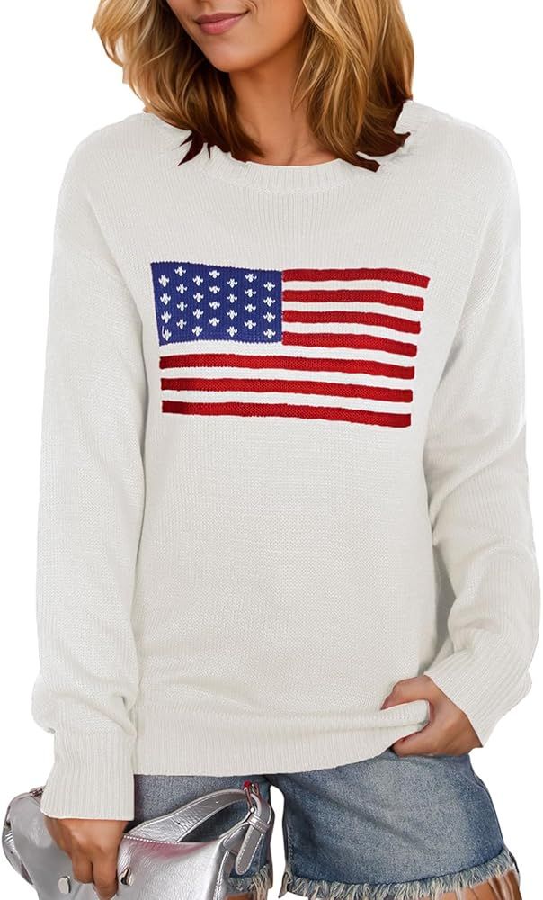 shermie Women's Long Sleeve Crew Neck Pullover Sweaters American Flag Knit Sweater Loose Casual P... | Amazon (US)