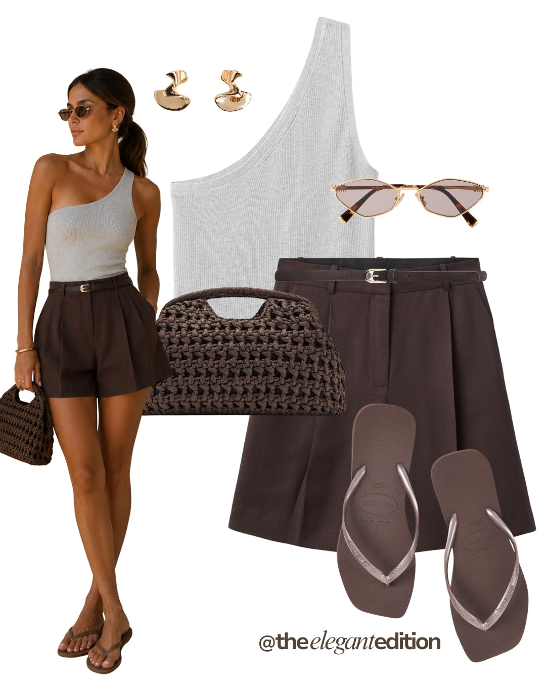 GREY TOP & BROWN SHORTS LOOK 🤎 — Grey one-shoulder tank, belted brown tailored shorts, woven crochet clutch, gold earrings and brown flip flops.
#summeroutfit #oldmoney #LTKsummer #LTKstyletip 

 #LTKeurope #LTKsummer #LTKstyletip