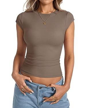 Womens Cap Sleeve Tops Summer Crew Neck Short Sleeve Shirts Slim Fit Basic Ribbed Tops Y2K 2025 G... | Amazon (US)