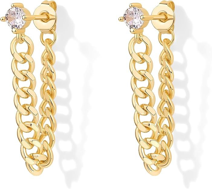 PAVOI 18K Gold Plated Sterling Silver Posts Dangle Chain Earrings for Women | Cubic Zirconia Stud... | Amazon (US)