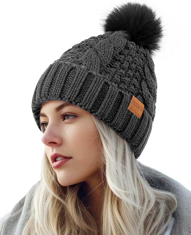 Women's Winter Pompom Beanie Warm and Cozy Knit Hat Fleece Lining Skull Cap for Women | Amazon (US)