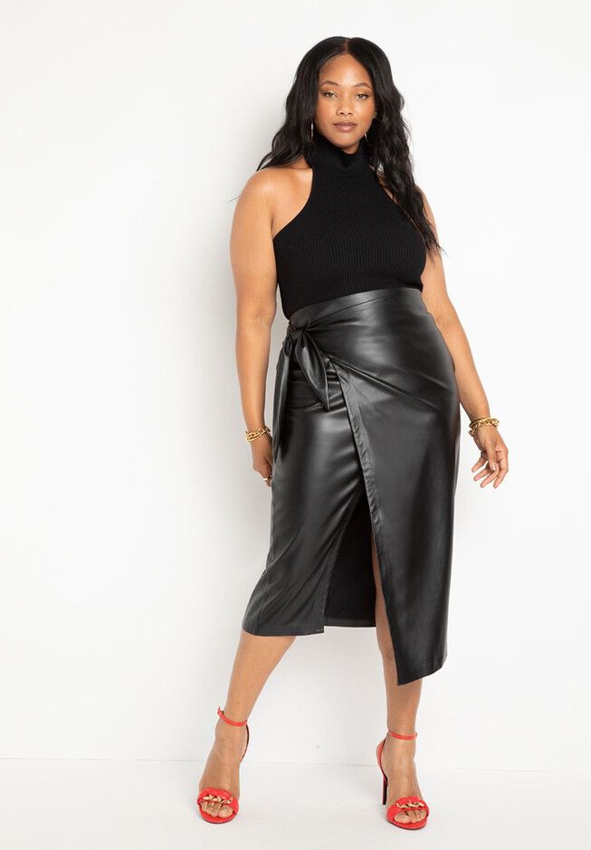 Wrap Front Faux Leather Midi Skirt | Eloquii
