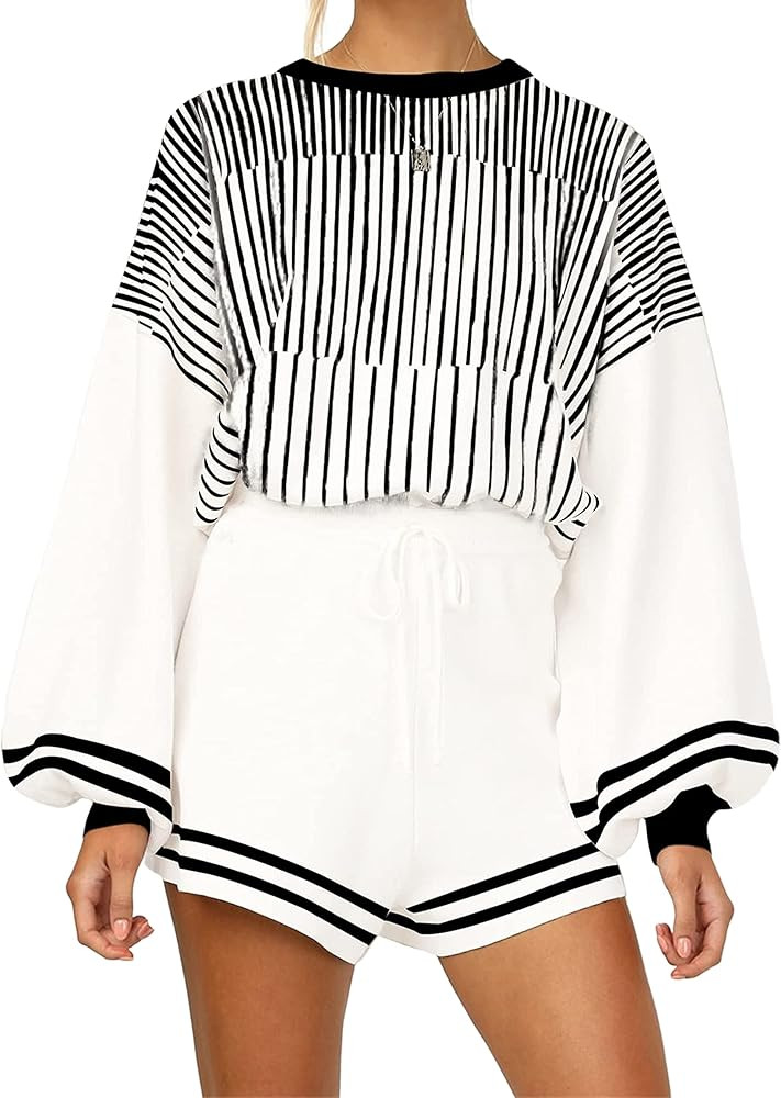 UANEO 2 Piece Outfits for Women Striped Knitted Sweater Pullover Shorts Lounge Set | Amazon (US)