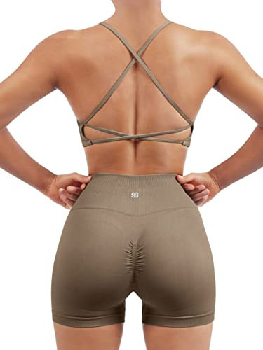 SUUKSESS Women Seamless 2 piece Workout Sets Strappy Padded Sports Bra Booty High Waisted Shorts Outfits (Dark Coffee,M) | Amazon (US)