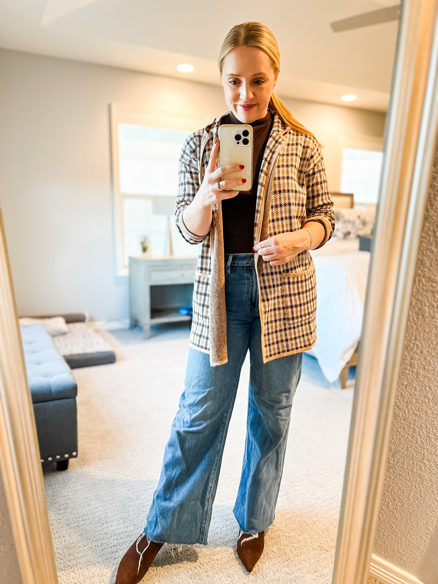 Winter outfit. Wide leg jeans are petite, wearing 4 petite, fits tts and on sale. Boots fit tts and are 40% off. Plaid sweater fits tts and is 40% off. 
Petite outfit, wide leg jeans, pointy toe bootie, winter boots, suede boots, petite jeans, plaid sweater blazer, women’s sweater, loft, Ann Taylor, winter fashion 

#LTKSaleAlert #LTKFindsUnder100