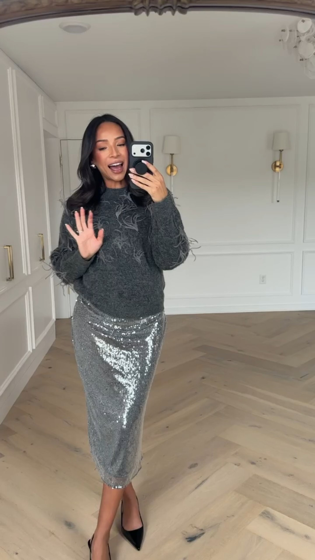 Up to 50% OFF Mango! These feather embellished details are so fun for the holidays and I love that the sequin skirt has an elastic waistband - perfect for the bump! Wearing size M sweater and size M sequin skirt 

New Years Eve outfit 
NYE outfit 
Winter outfit
Winter fashion
Mango sale

#LTKSeasonal #LTKFindsUnder100 #LTKSaleAlert