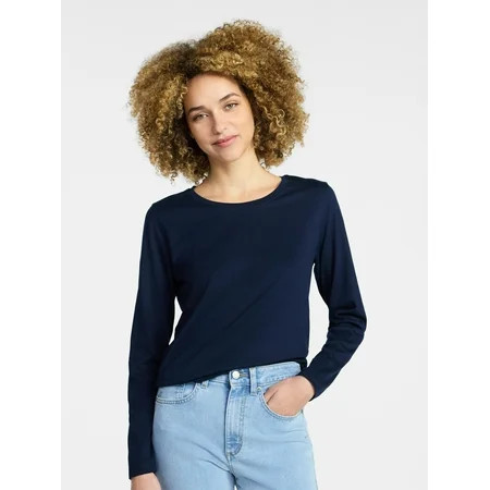 Time and Tru Women's Crewneck Tee with Long Sleeves, Sizes XS-XXXL | Walmart (US)