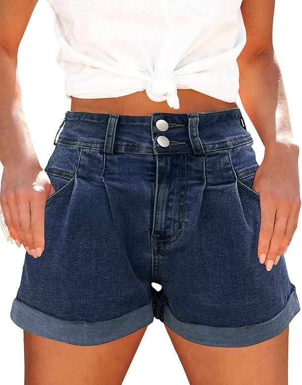 Hilltichu Womens Relaxed Fit Casual High Waist Pocketed Denim Shorts | Amazon (US)