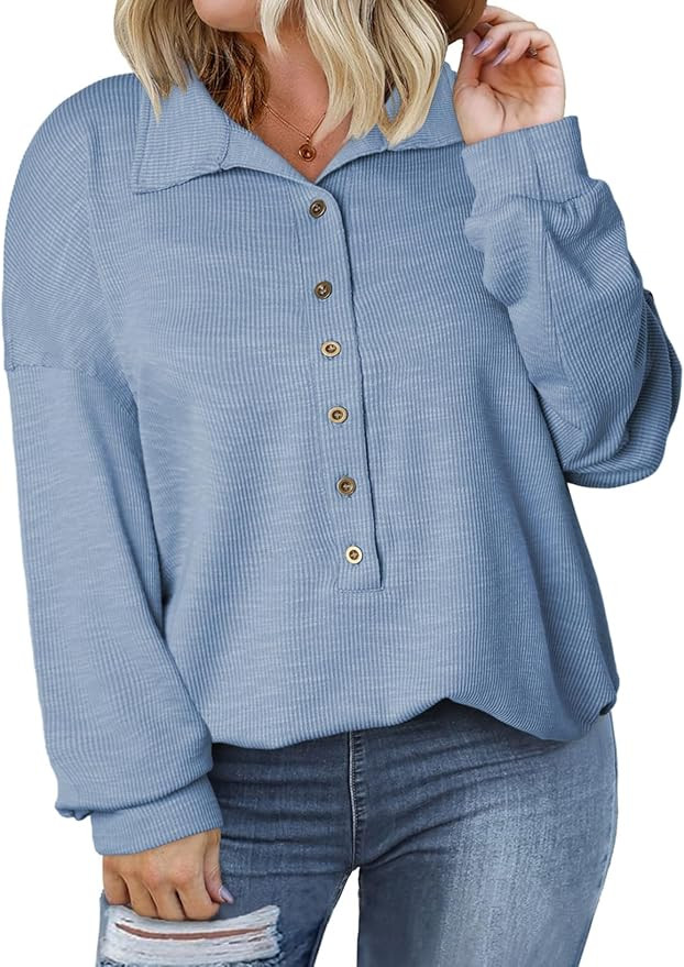 Eytino Womens Plus Size Fall Tops V Neck Lace Long Sleeve Button Down Loose Casual Blouse T Shirt... | Amazon (US)