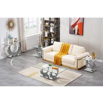 4 Piece Glass Coffee Table Set, Modern Living Room Table Set with 1 Coffee Table & 2 End Tables & 1 Console Table, Coffee Table Set with 3C-Shape Base | Wayfair North America