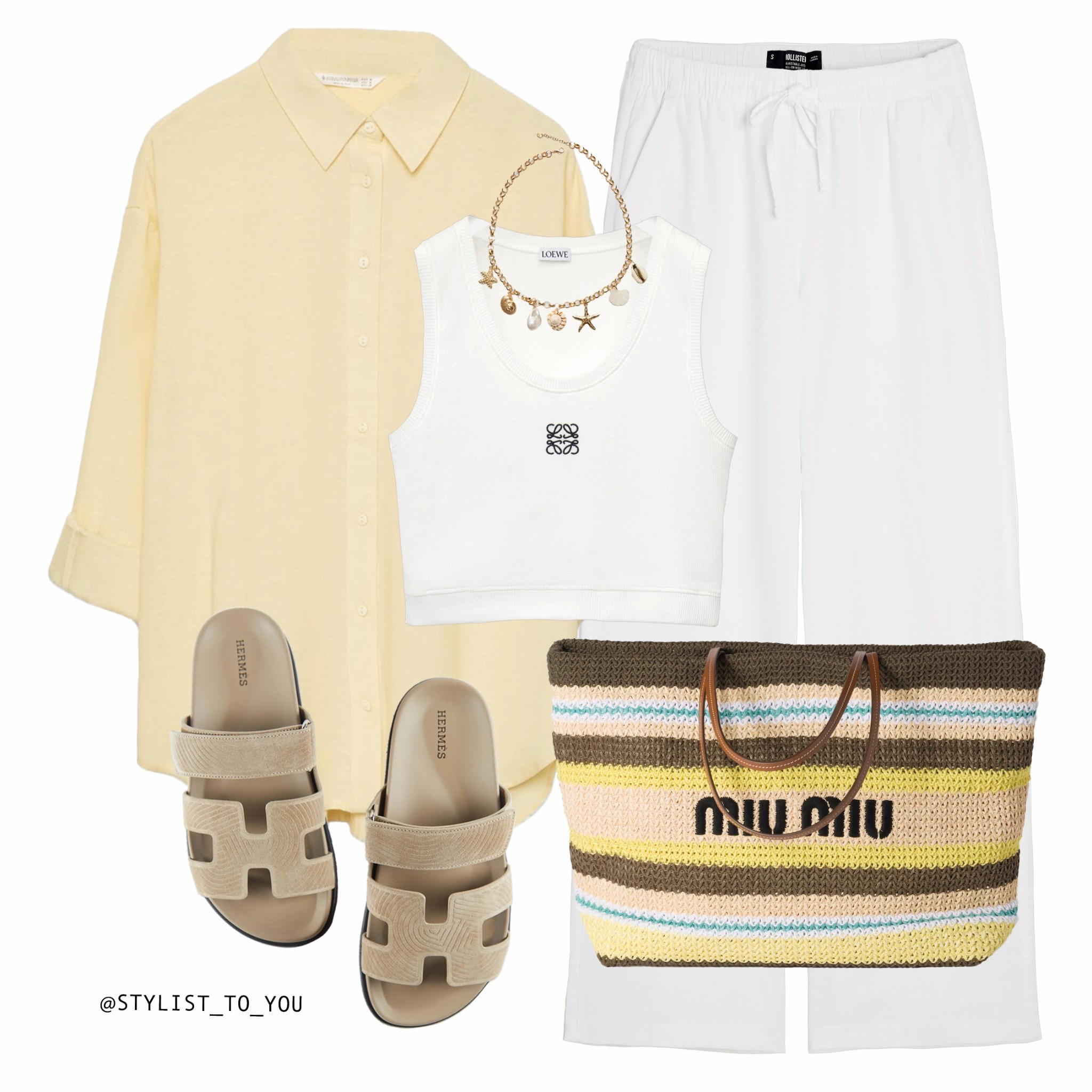 Lemon holiday look 💛

Flat lay of a resort-inspired outfit featuring a sleeveless white Loewe crop top, white drawstring linen pants, yellow button-up shirt, beige Hermès sandals, a pastel striped Miu Miu crochet tote bag, and a gold sea-themed charm necklace.
Holiday out, resort wear, vacation outfit, linen pants, Loewe top, beach outfit, light layers, pastel tones, coastal style, island vibes, luxe casual, luxury look, Hermès sandals, Miu Miu bag, crochet tote, summer jewelry, beach chic, effortless summer, neutral outfit, white and beige, travel fashion, elegant casual, sea charm necklace, golden jewellery, relaxed elegance, soft yellow, monochrome outfit, fashion styling, warm weather outfit, minimal fashion, outfit flat lay, summer fashion, breezy outfit, European summer, light and airy, beach vacation, summer luxury, woven bag, statement tote, Instagram style, soft color palette, elevated basics, capsule summer.

#LTKuk #LTKtravel #LTKluxury