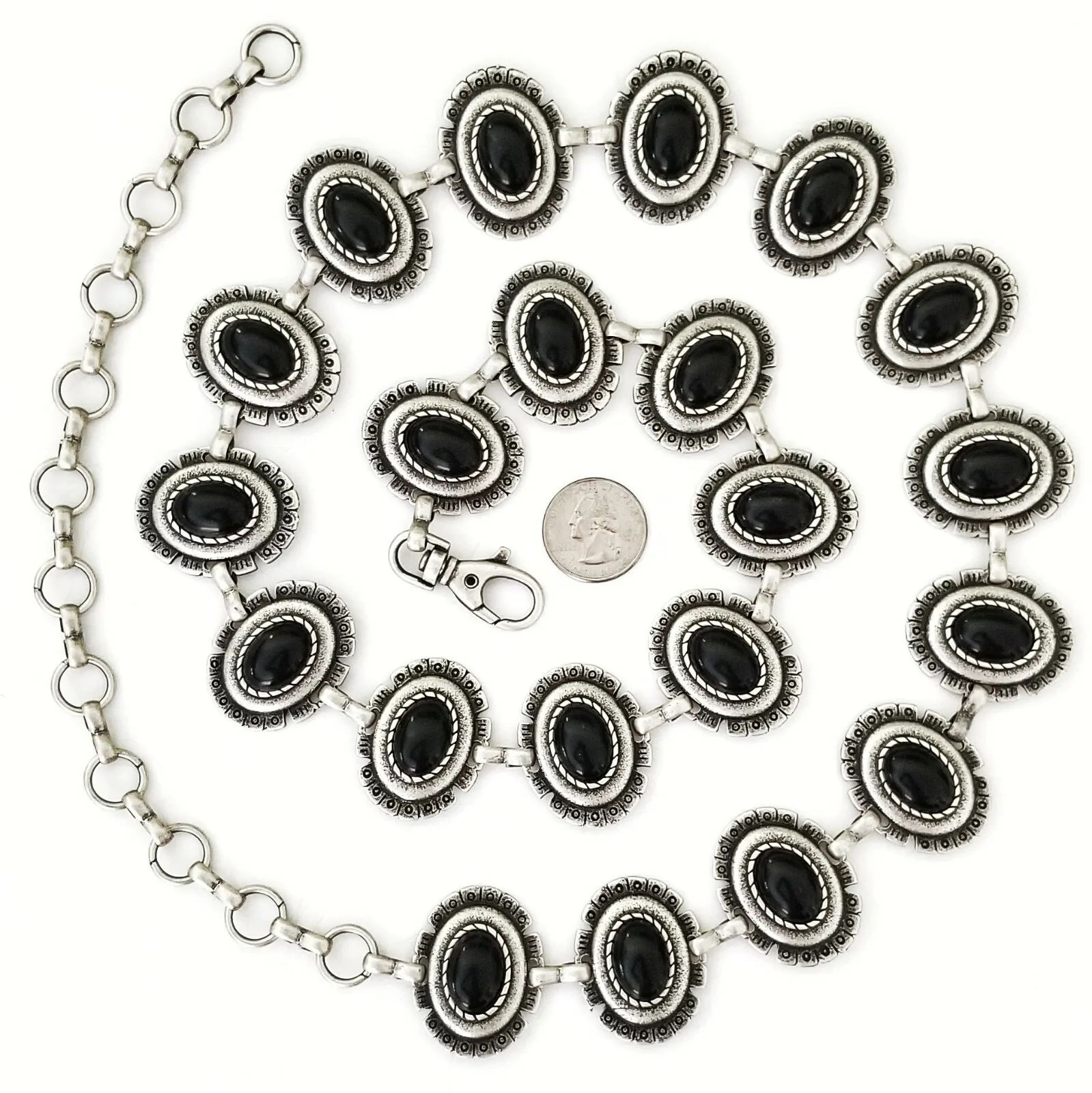 Women&#039;s Navajo Style Antique Silver &amp; Blk Onyx Concho Belt S/M/L- MADE IN ITALY  | eBay | eBay US