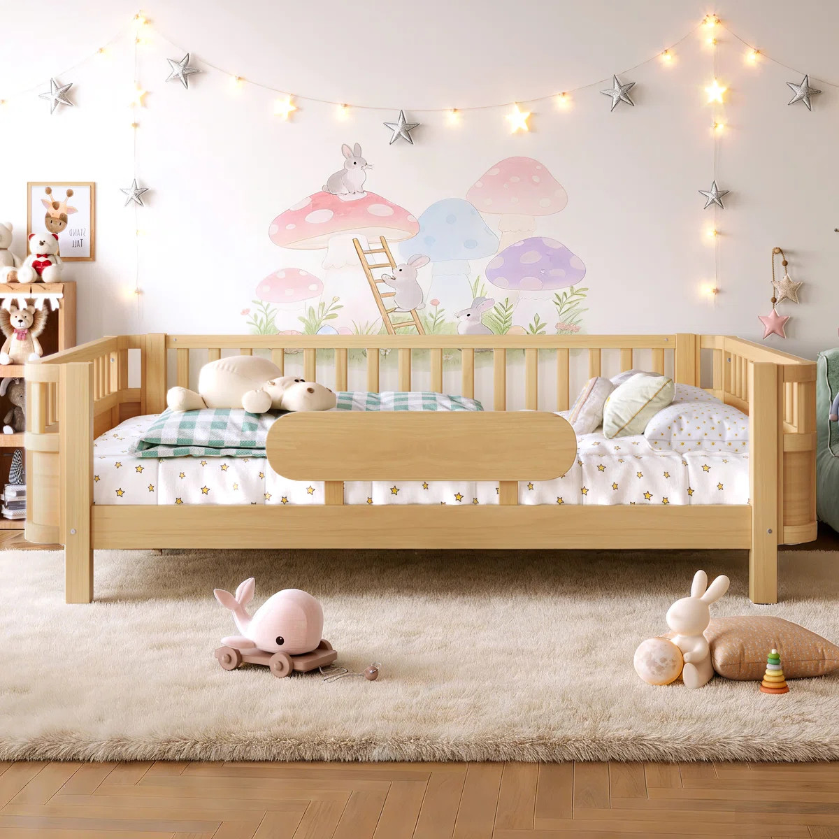 Full Size Kids Wood Platform Bed with Safety Guardrails and Detachable Fence, Extra Side Guardrai... | Wayfair North America