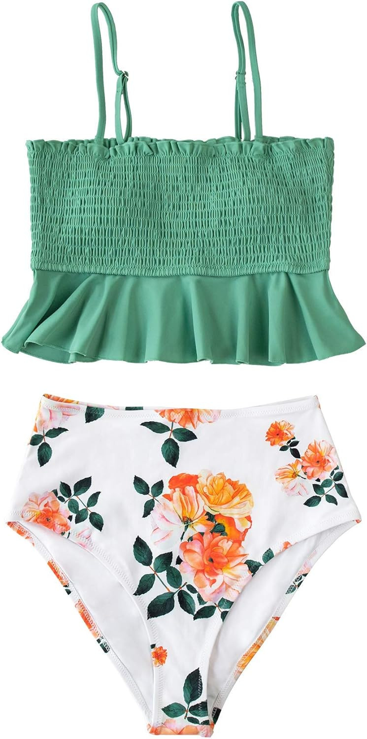 CUPSHE Women's High Waist Bikini Swimsuit Ruffle Smock Floral Print Two Piece Bathing Suit | Amazon (US)