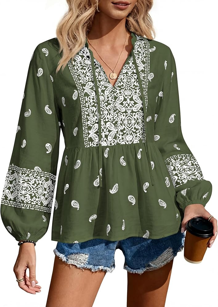 MASCOMODA Women Boho Babydoll Tops Spring Summer Casual V Neck Peplum Long Sleeve Blouses Flowy S... | Amazon (US)