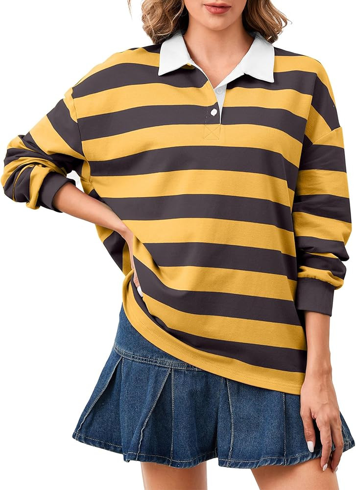 Women's Oversized Striped Polo Sweatshirt Long Sleeve Rugby Collared Pullover Tops Loose Fit Shir... | Amazon (US)