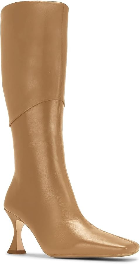 Coutgo Womens Kitten Heel Knee High Boots Wide Calf Square Toe Leather Boot Shoes with Zipper | Amazon (US)