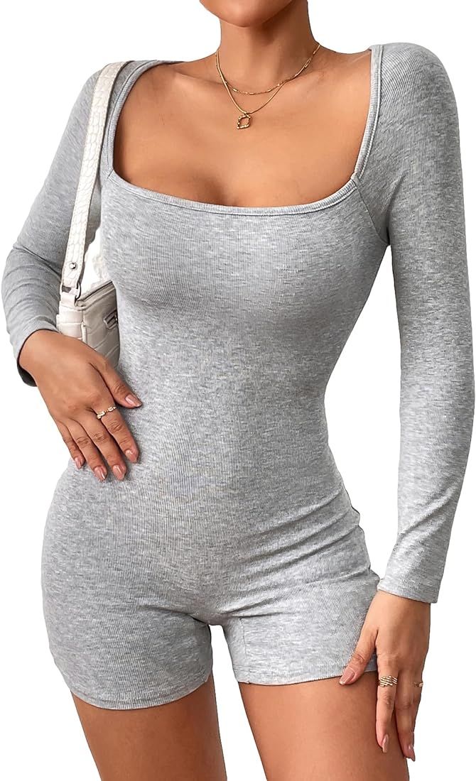 Cozyease Women's Solid Rib Knit Slim Fit Short Bodysuit Long Sleeve Square Neck Romper | Amazon (US)