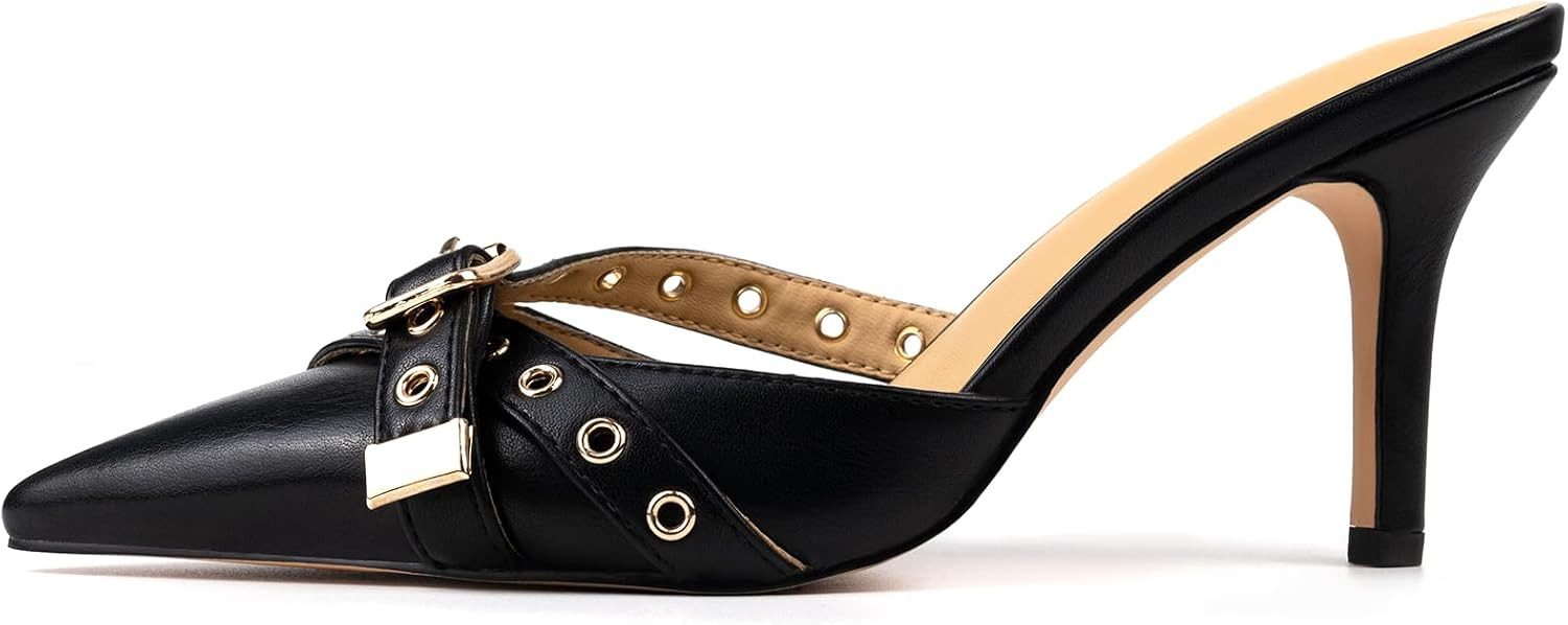 Kitten Heels for Women Pointed Toe Heels Studded Slip On Bow Heels Mules Faux Suede Sandals Kitten Heel Pumps | Amazon (US)