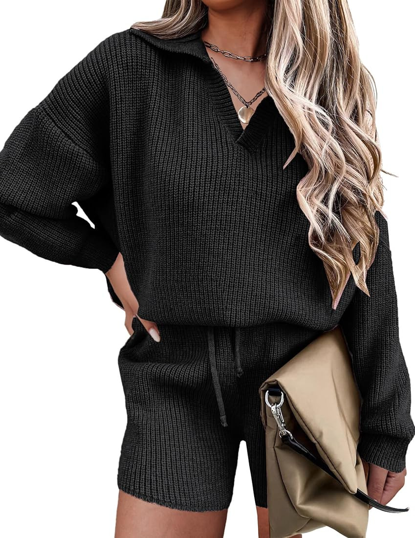 Ekoauer Women's 2 Piece Outfits Long Sleeve Knit Top and Short Pajama Sets Oversized Sweatsuit Sw... | Amazon (US)