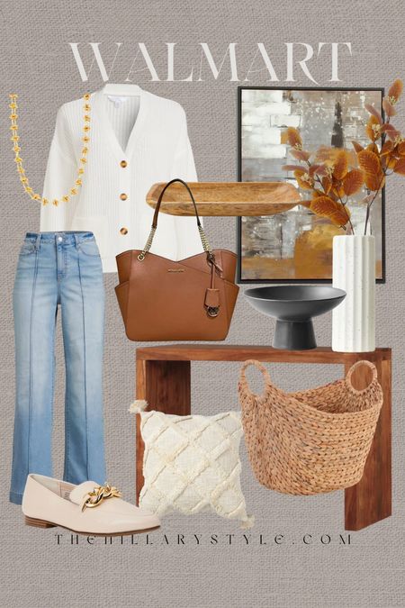 Walmart Fall Vibes: Cooler temperatures are coming and I am ready for the warmth and coziness of fall. Walmart has a great selection of fashion and home decor and furniture for a fall refresh. Console table, framed abstract art, basket, accent pillow, white fluted vase, black pedestal bowl, wood tray, fall floral stems, cardigan sweater, fall sweater, denim, jeans, mules, gold necklace, tote bag.

#LTKSeasonal #LTKhome #LTKFind