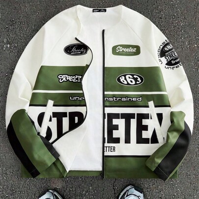 Men's Loose Woven Digital Printing Long Sleeve Jacket & Outerwear, Going Out Graphic Color Block Racing Jacket, For Friends, Husband, Boyfriend Gifts | SHEIN