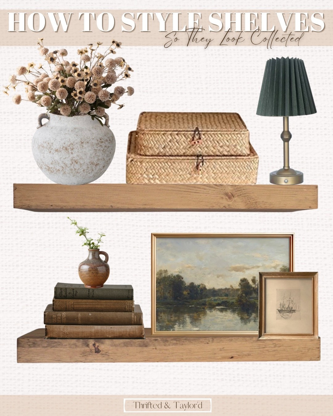 Shelves can be one of the trickiest little spots to decorate in a home. It’s easy for them to either feel cluttered or a little too staged, but when they’re styled well they can add so much warmth and personality to a room.

One thing that helps shelves feel more collected is mixing a few different elements together. Layered artwork adds depth, stacked books give structure, and small pieces like pottery, greenery, or woven textures bring in that cozy lived-in feeling.

When those pieces come together, shelves start to feel intentional without looking overly styled.
I rounded up a few decor pieces that create that soft collected look on open shelves. Everything from this design is linked below if you’d like to recreate the look.

#LTKHome