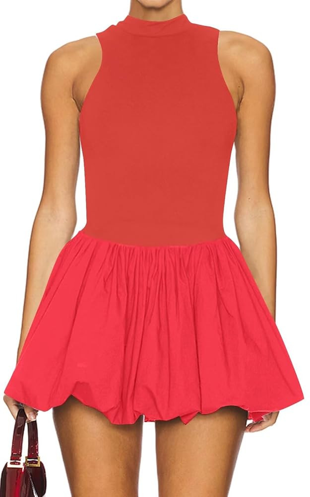 Women's Summer Bubble Mini Dress Sexy Mock Neck Sleeveless Tank Dress Party Club Bodycon Short Dr... | Amazon (US)